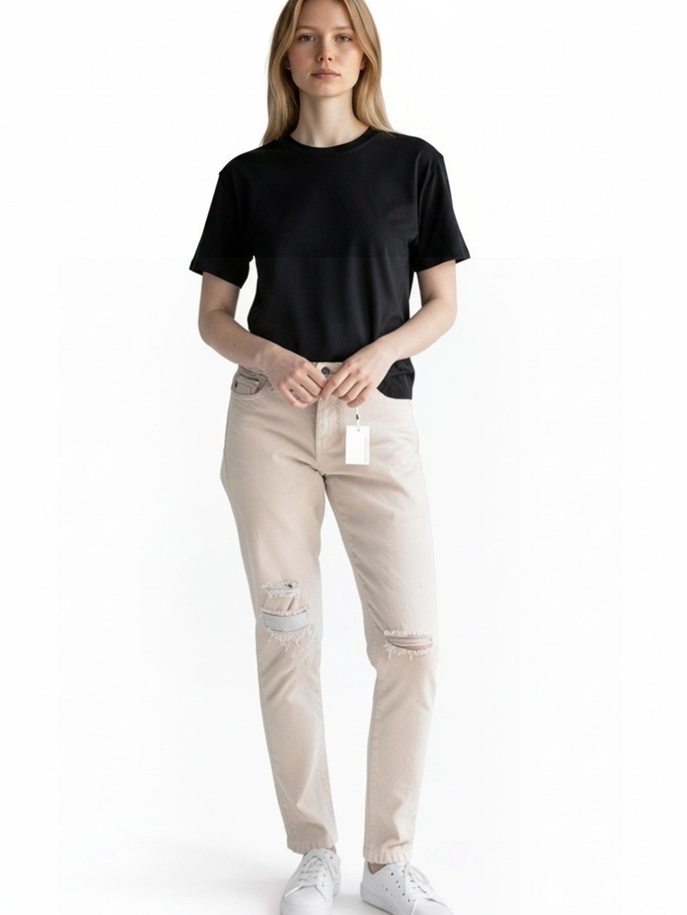 Boyfriend Jeans in Light Beige with Distressed Knees